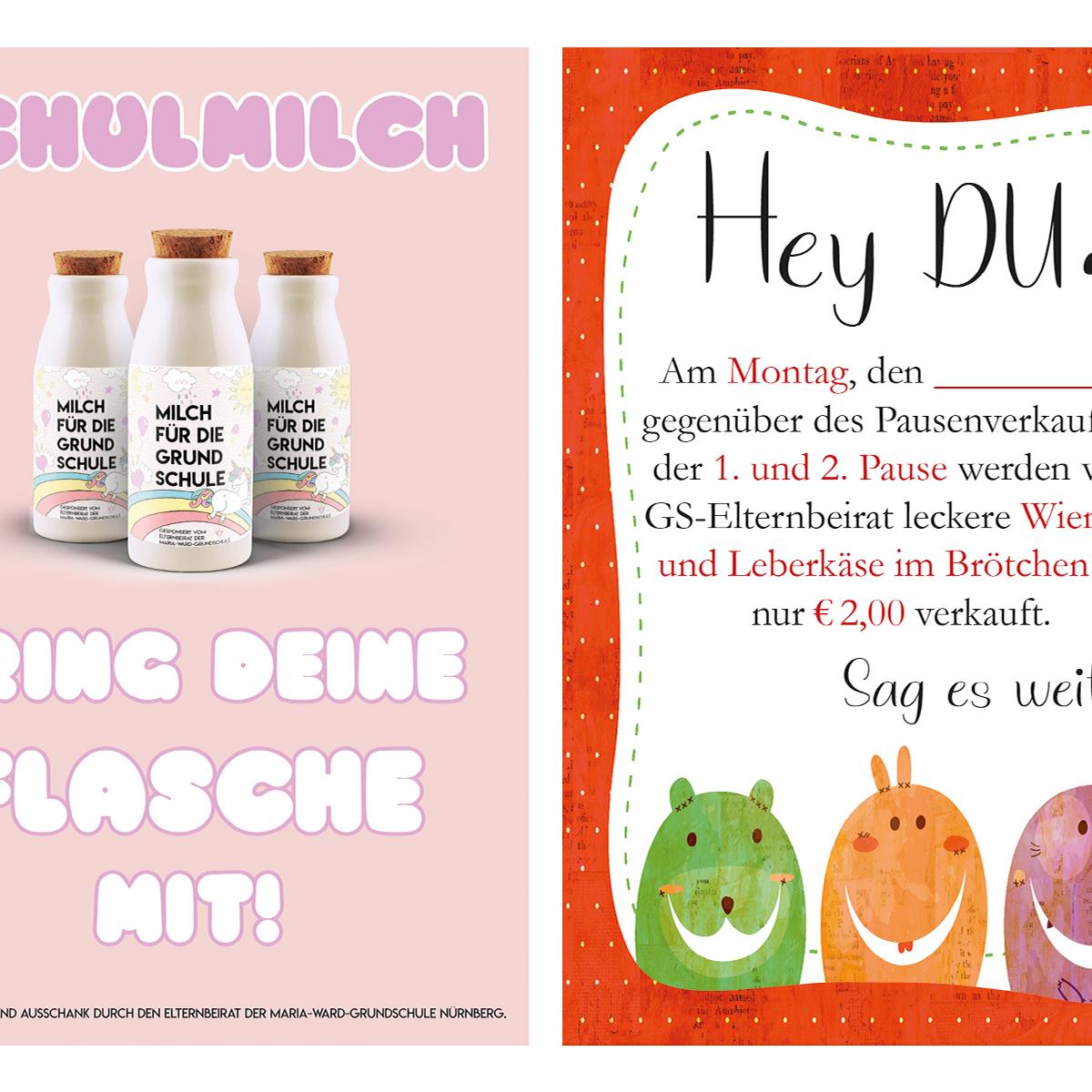 Die Poster 'Milch für die Grundschule' und 'Wienerle im Brötchen'