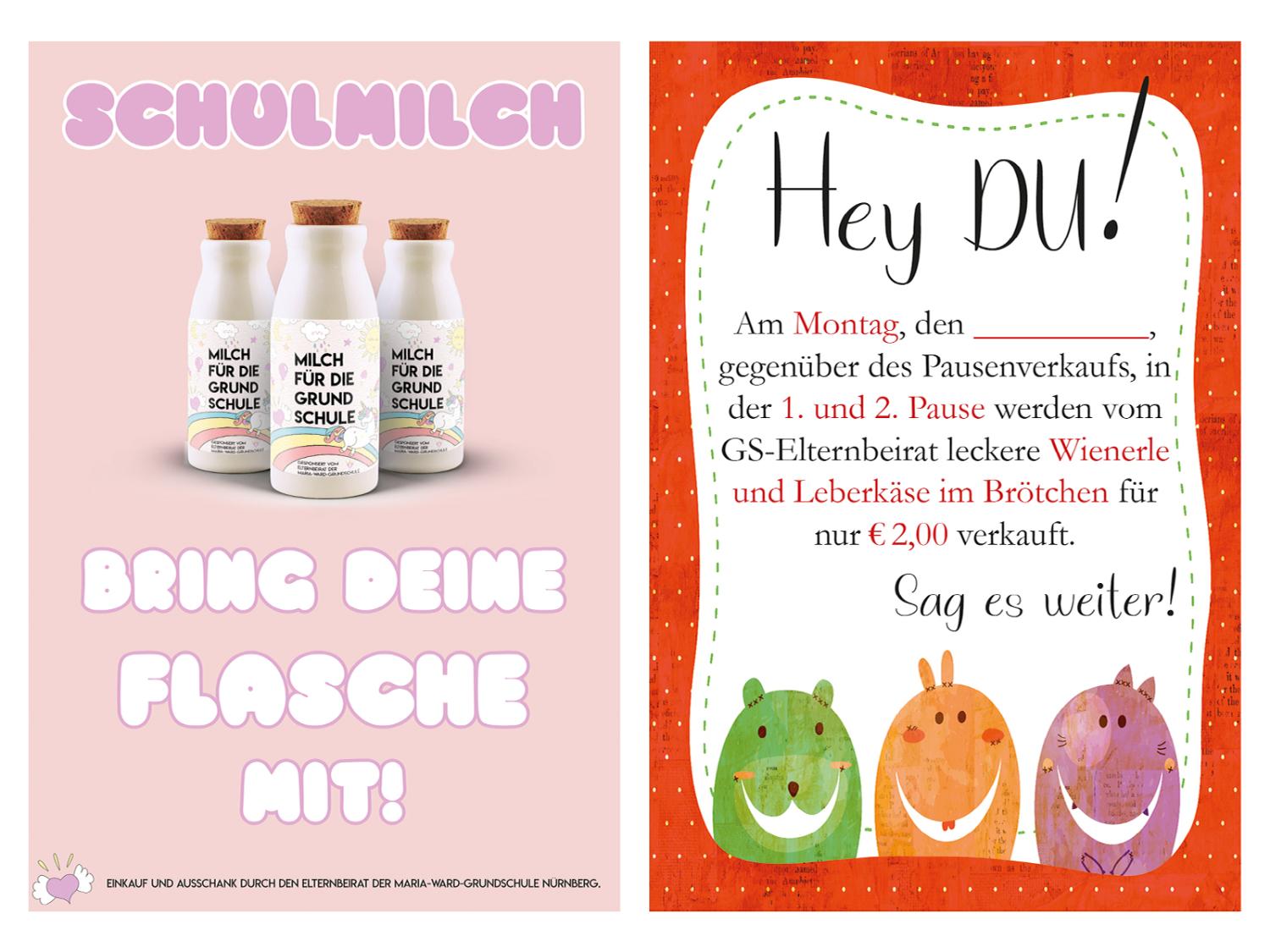 Die Poster 'Milch für die Grundschule' und 'Wienerle im Brötchen'