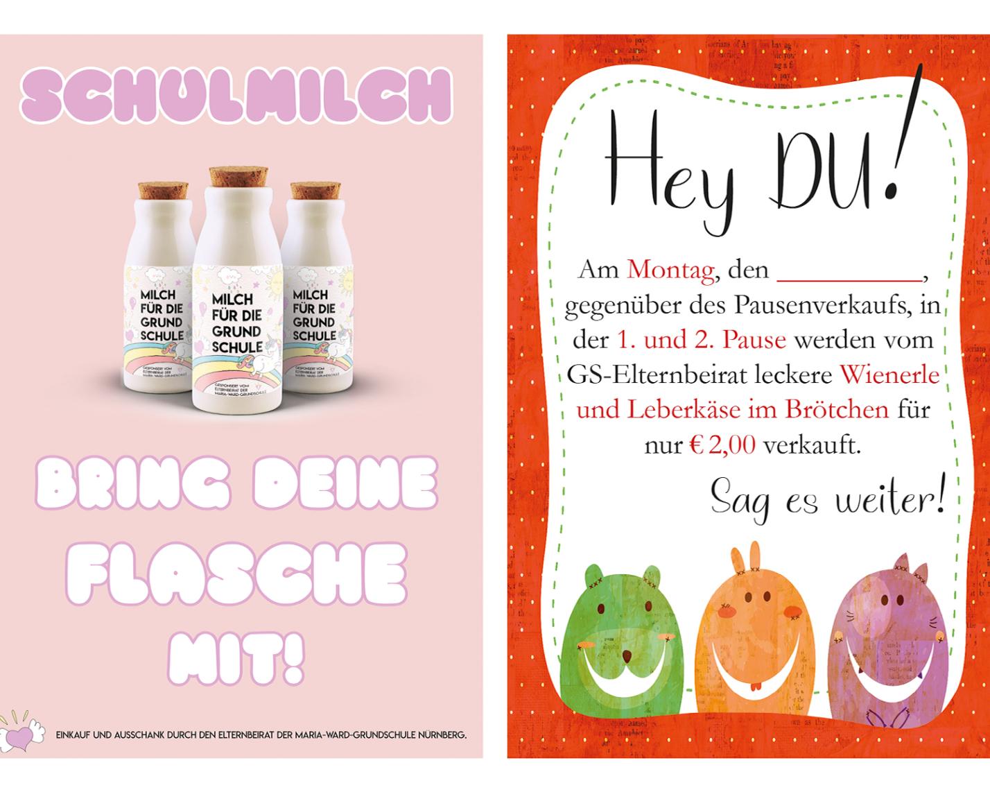 Die Poster 'Milch für die Grundschule' und 'Wienerle im Brötchen'
