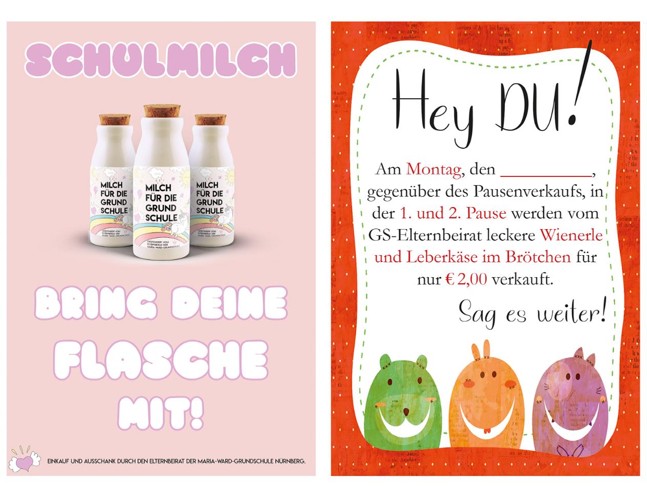 Die Poster 'Milch für die Grundschule' und 'Wienerle im Brötchen'
