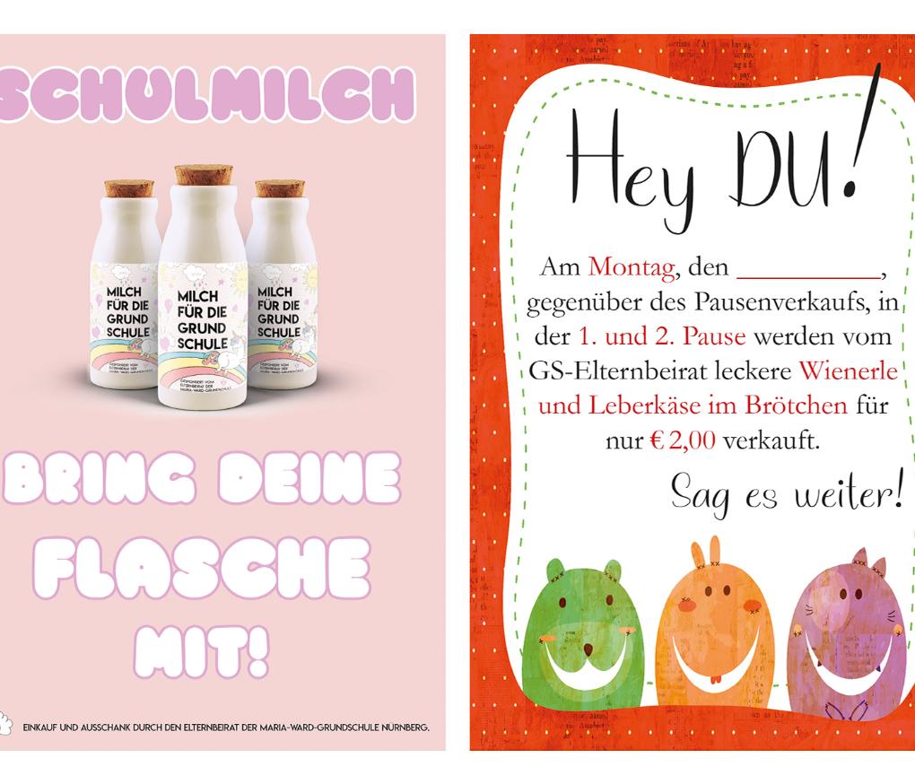 Die Poster 'Milch für die Grundschule' und 'Wienerle im Brötchen'
